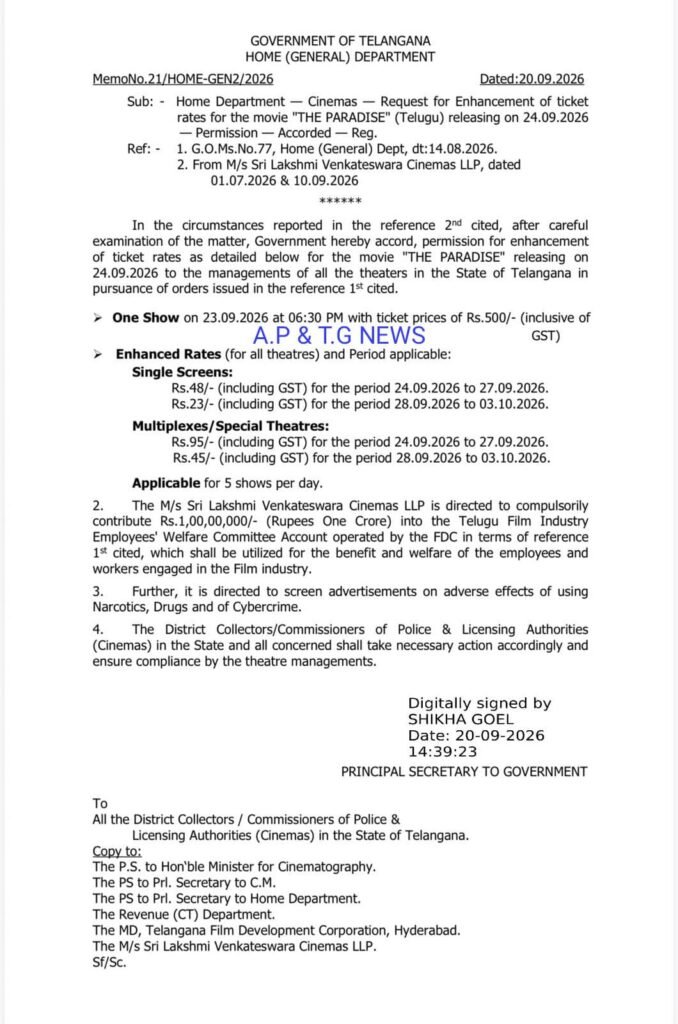 ది ప్యారడైజ్ సినిమా స్పెషల్ షో, టికెట్ రేట్స్ హైక్‌కు అనుమతినిచ్చిన తెలంగాణ ప్రభుత్వం*