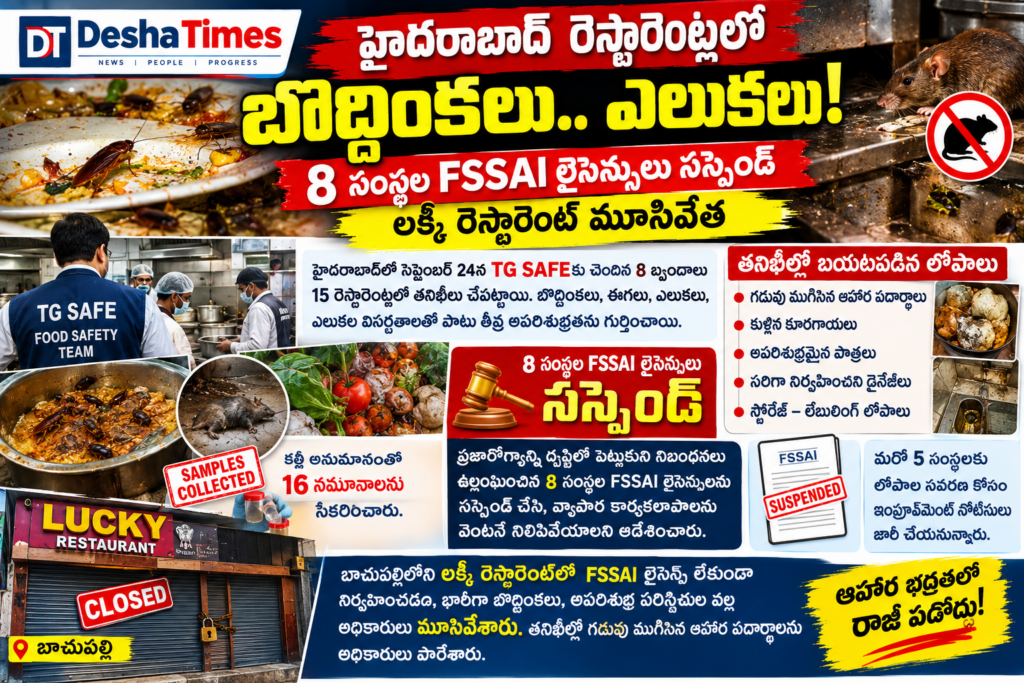 హైదరాబాద్ రెస్టారెంట్లలో బొద్దింకలు.. ఎలుకలు! 8 సంస్థల FSSAI లైసెన్సులు సస్పెండ్.. లక్కీ రెస్టారెంట్ మూసివేత