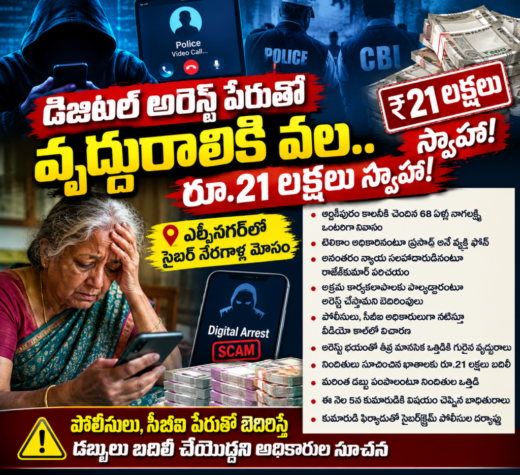 డిజిటల్‌ అరెస్ట్‌ పేరుతో వృద్ధురాలికి వల.. రూ.21 లక్షలు స్వాహా!